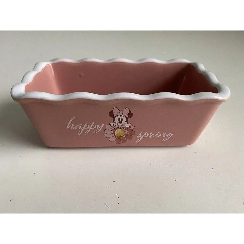 Disney Minnie Mouse Happy Spring Mini Loaf Bread Baking Pan Dish Ceramic New